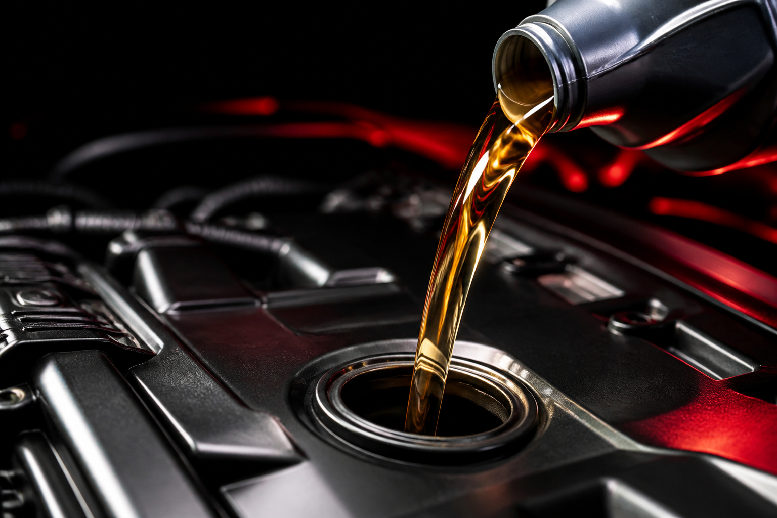 Fresh engine oil being poured into the filler neck of a modern engine