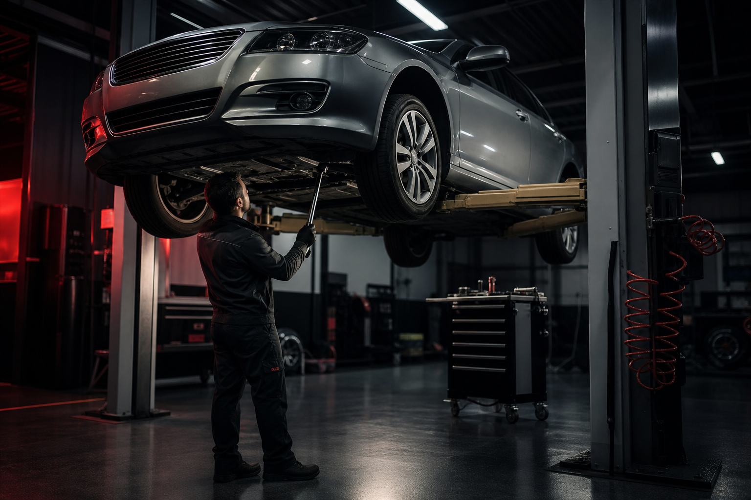 Car raised on a two-post lift inside a workshop while a technician works underneath