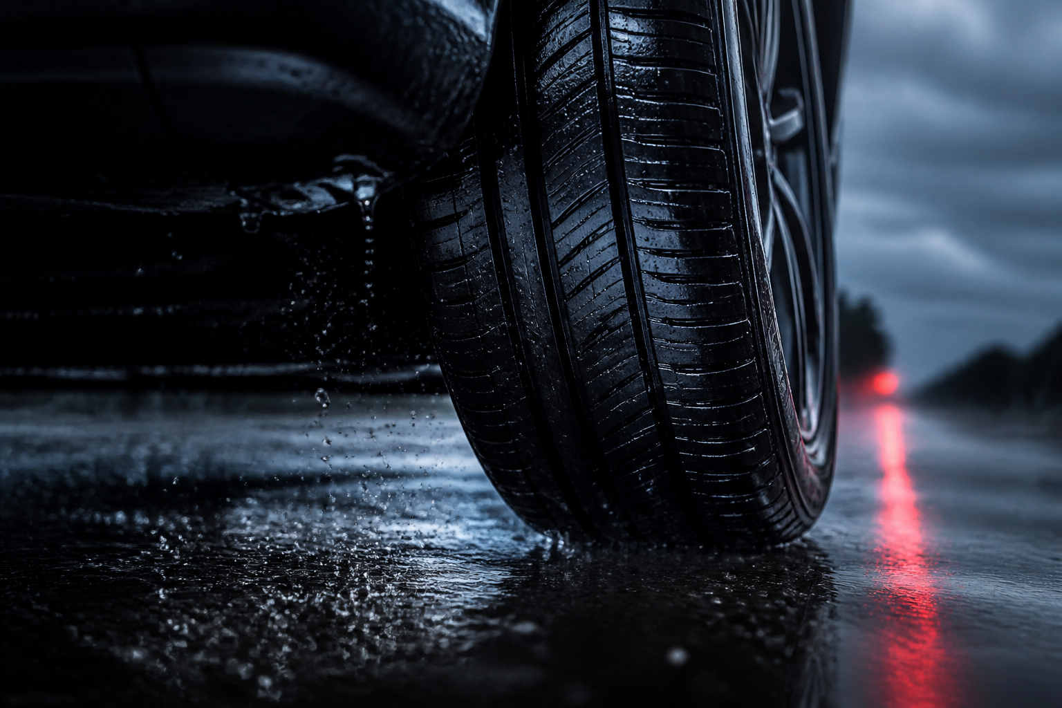 Close-up of a car tyre with detailed tread on wet asphalt in the rain